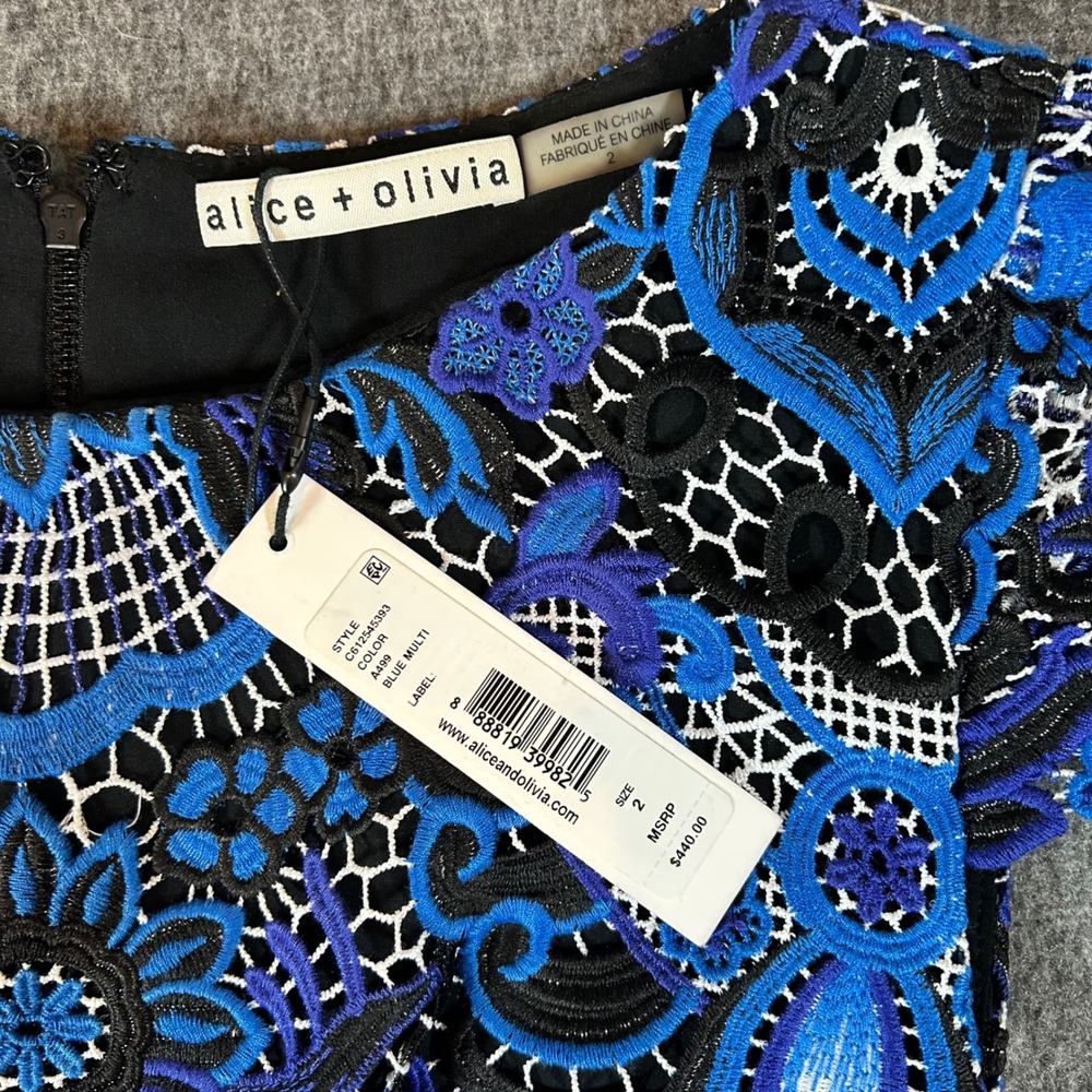 Alice + Olivia‎ Blue Embroidered Lace Nakia Mini Dress Womens 2 NEW $440 - Picture 2 of 6